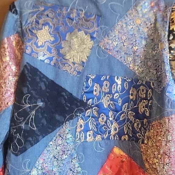 Chico's-Denim patched jacket with red & royal colors, buttoned down front S=6 . - Picture 10 of 10